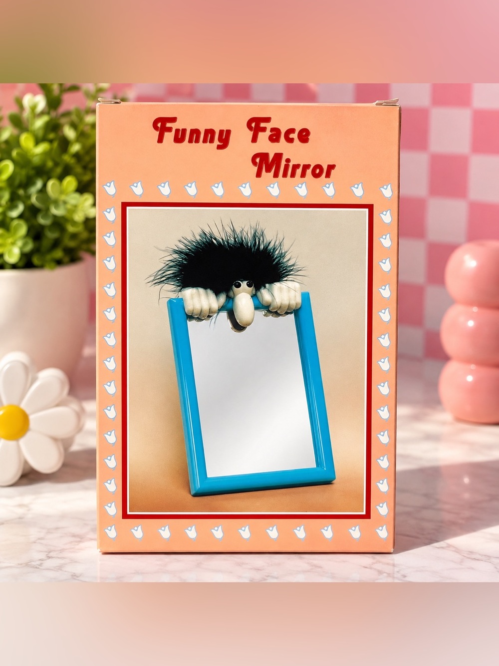 Funny Face Mirror NIB 90s Retro Novelty Blue Blue Frame Fuzzy Hair